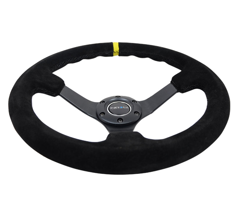 NRG reinforced steering wheel, 350mm black suede with yellow center mark, X-stitch, 5mm black spoke, 3-inch deep design.