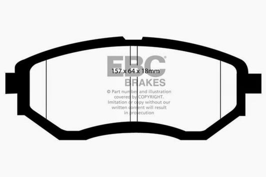EBC Redstuff front brake pads for 2016-2021 Subaru WRX 2.0T, performance brake pads with red friction material.