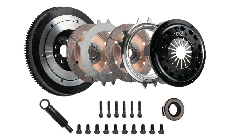 DKM Clutch Kit for VW Corrado/GTI 2.8L VR6 with twin disc clutch and flywheel, designed for high torque up to 650 ft/lbs.