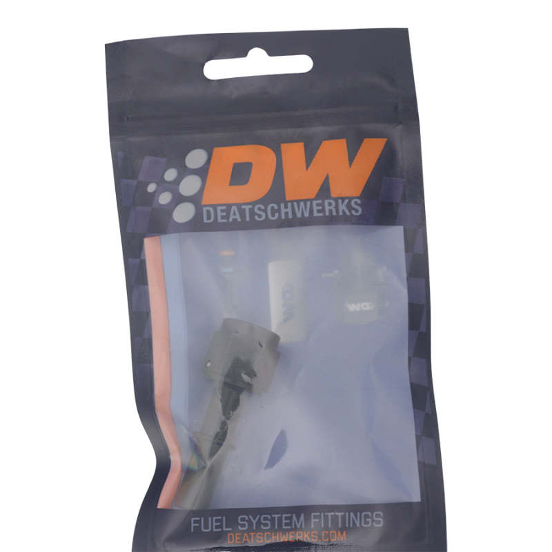 DeatschWerks 6AN female flare swivel fitting to 3/8 inch male EFI quick disconnect, matte black anodized fuel component.