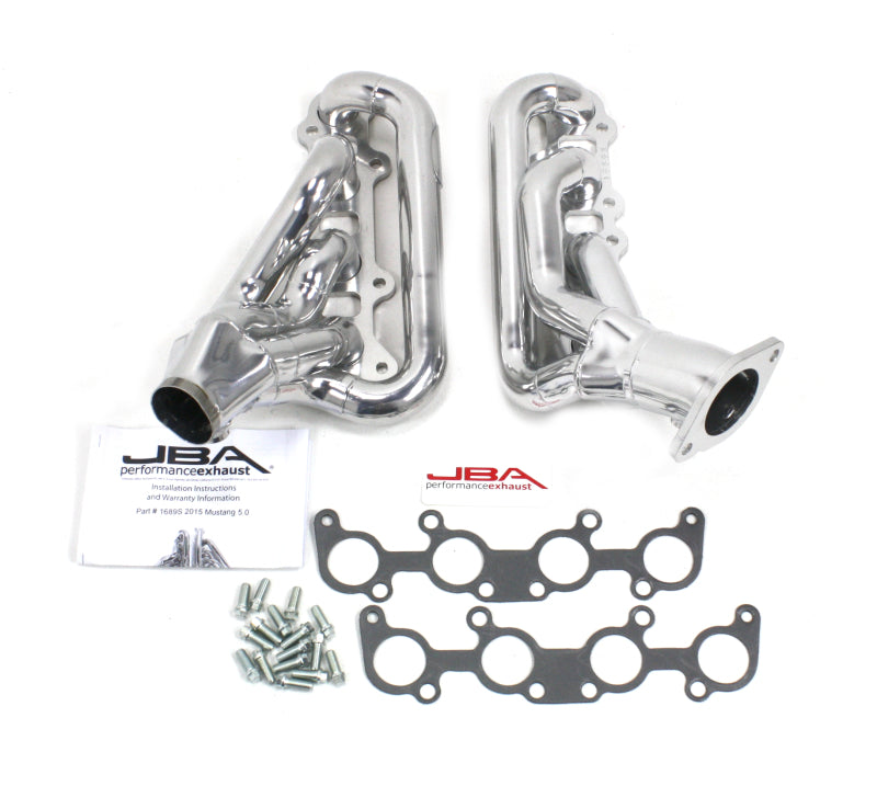 JBA stainless steel shorty header for Ford Mustang 5.0L 2015-2020, silver ceramic coating, detailed view of the exhaust header