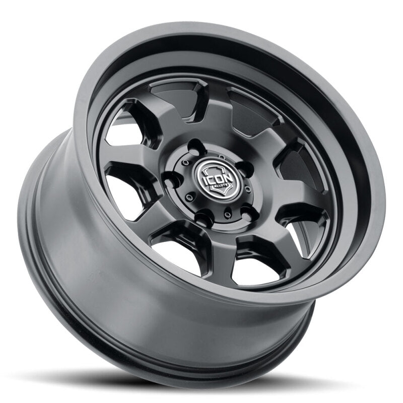 ICON Nuevo 17x8.5 satin black cast wheel with 5x150 bolt pattern, 25mm offset, 5.75-inch backspacing.