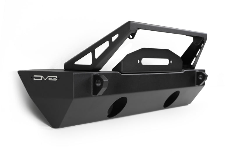 Steel DV8 Offroad FS-25 stubby front bumper with plated bull bar for Jeep Wrangler and Gladiator JT/JL/JK, rugged off-road design.