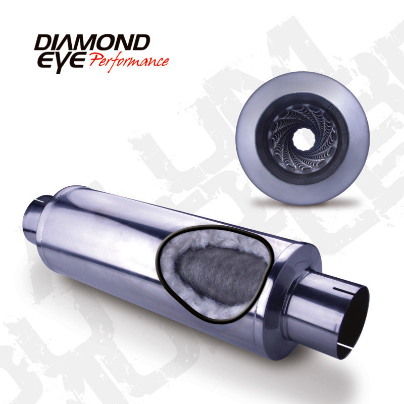 Diamond Eye Performance 4-inch ID single inlet, single outlet exhaust muffler with slotted ends, 30-inch length, 409 stainless steel.
