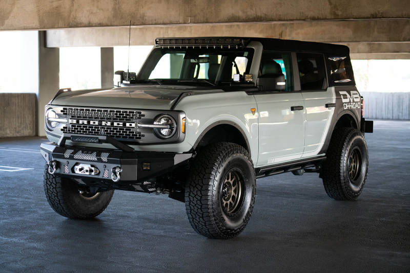 Steel DV8 Offroad Bull Bar Add-On for Ford Bronco bumpers with a 13-inch Elite Series light bar installation.