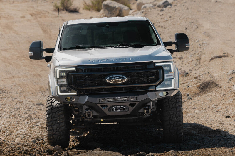 Steel front bumper for Ford Super Duty F-250/F-350 from DV8 Offroad Spec Series, rugged design for off-road performance.