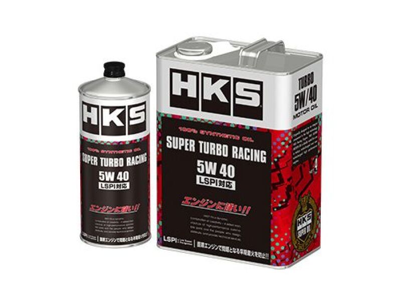HKS Super Turbo Racing Oil 5W40 4L bottle showing the motor oil container with label and branding.
