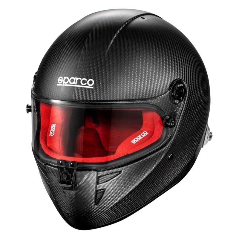 SPARCO Stealth RF Carbon helmet in red, X small size, showing sleek aerodynamic design and lightweight carbon construction.