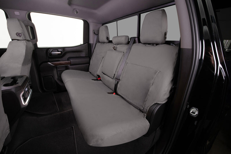 Covercraft Dodge RAM 5500 front seat covers in Misty Grey, custom polycotton fabric designed for durable seat protection.