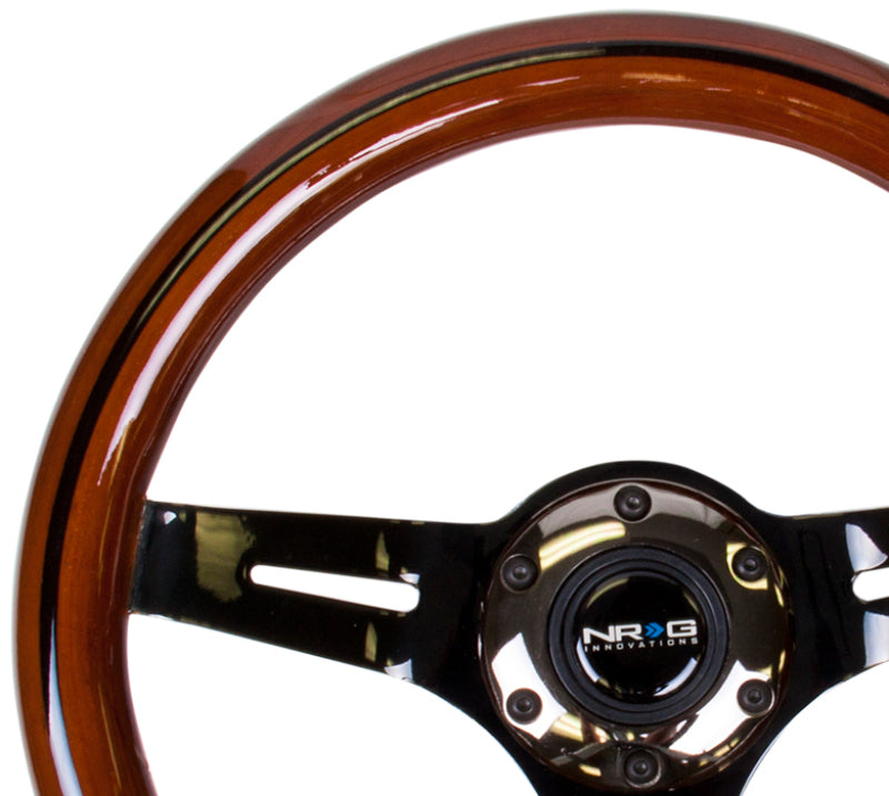 NRG Classic wood grain steering wheel with black line inlay, 3-spoke black chrome center, 310mm diameter, dark wood finish.