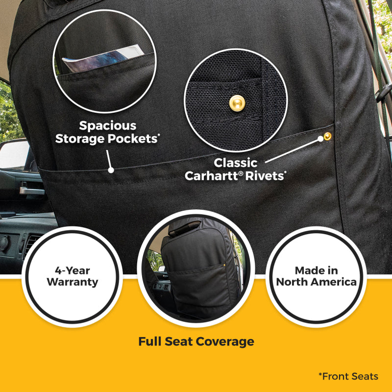Covercraft Carhartt Super Dux front seat cover for Toyota 4Runner in black, custom-fit protective seat cover showing detailed fabric texture.