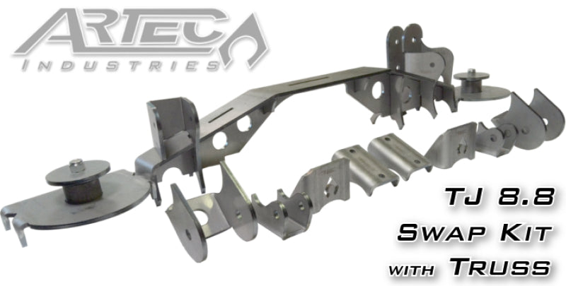 Artec Industries Jeep Wrangler TJ 8.8 swap kit with axles and truss, showing the sturdy axle components and installation parts.