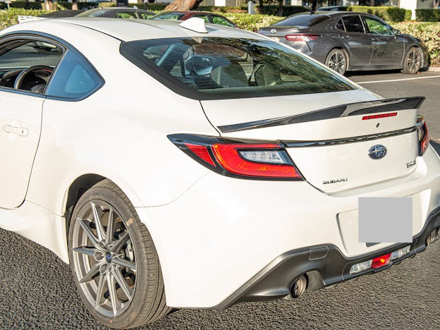 Carbon fiber rear spoiler wing for 2022-up Toyota GR86 and Subaru BRZ, JDM style, by Street Driven Performance.