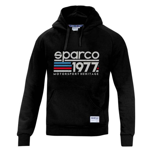 Black Sparco Hoodie 1977 XL sweatshirt featuring the SPARCO logo and classic design, displayed on a plain background.