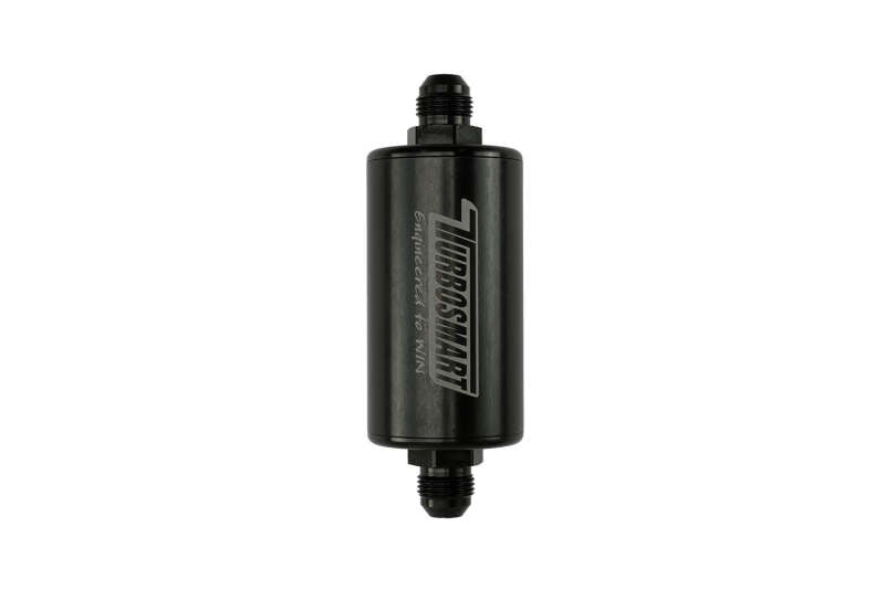 Turbosmart 10um 8AN inline black fuel filter showing metal body and inlet/outlet fittings for automotive fuel system.