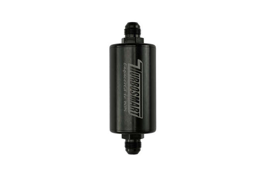 Turbosmart 10um 8AN inline black fuel filter showing metal body and inlet/outlet fittings for automotive fuel system.