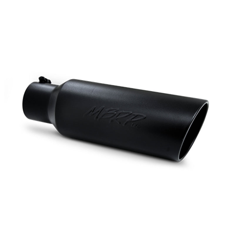 Black coated MBRP 6-inch OD rolled end exhaust tip with 4-inch inlet and 18-inch length, designed for universal vehicle exhaust systems.