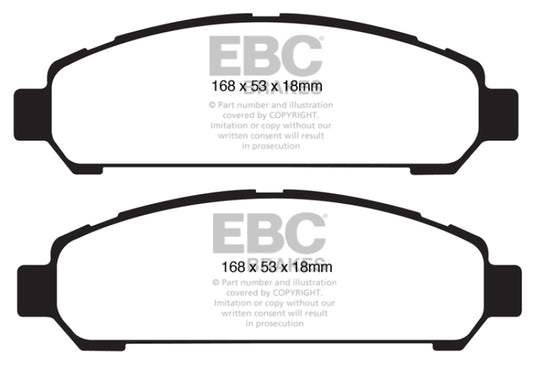 EBC 08+ Toyota Venza 2.7 front brake pads, performance Redstuff series, showing new brake pads installed on vehicle.