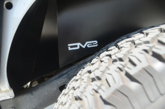 Black aluminum rear inner fender liner for Jeep Wrangler JK by DV8 Offroad, designed for off-road durability and protection.