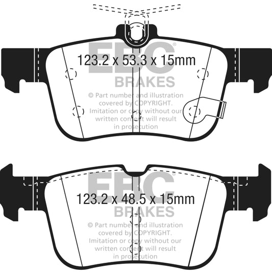 EBC Redstuff rear brake pads for 2013+ Lincoln MKZ 2.0L Hybrid, high-performance brake pads with red friction material.