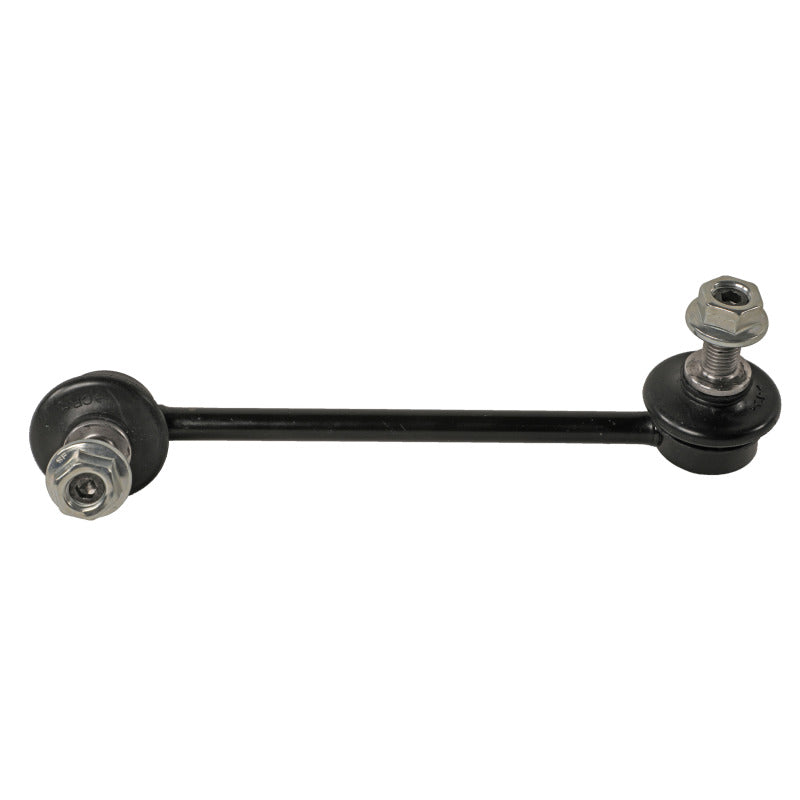 Moog rear left sway bar endlink for Acura ZDX 2010-2013, close-up of the black metal sway bar link with rubber bushings.