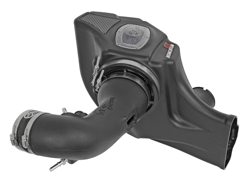 aFe Momentum GT Pro Dry S cold air intake system installed in a 2015 Ford Mustang GT V8 5.0L engine bay.
