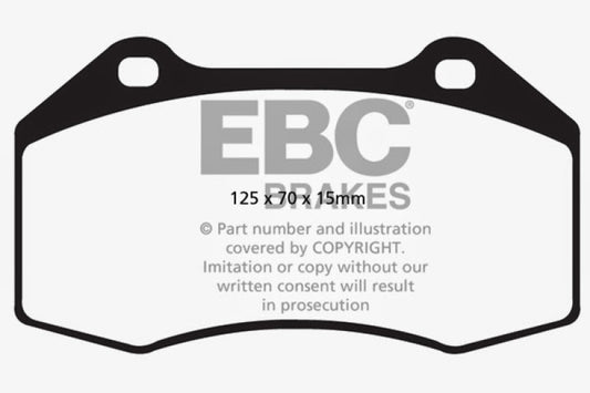 EBC 14+ Alfa Romeo 4C front performance brake pads in green for 1.75 Turbo engine, designed for enhanced braking performance.