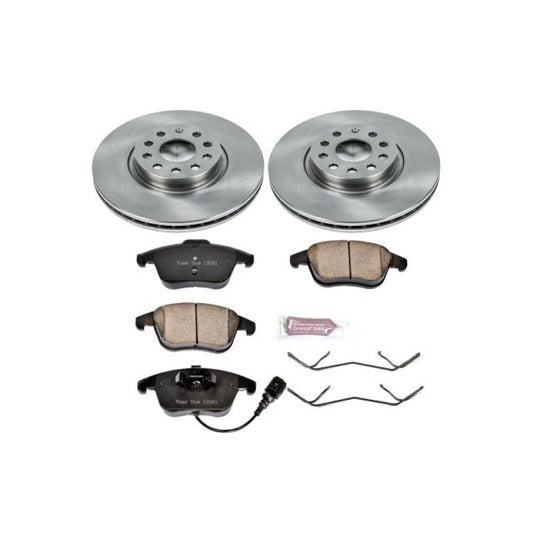 PowerStop OE front brake kit for 2015-2018 Audi Q3, includes brake rotors and pads installed on vehicle.