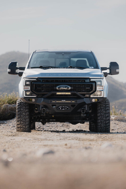 DV8 Offroad steel front bumper for Ford Super Duty F-250/F-350 2017-2022, rugged off-road bumper with heavy-duty construction.