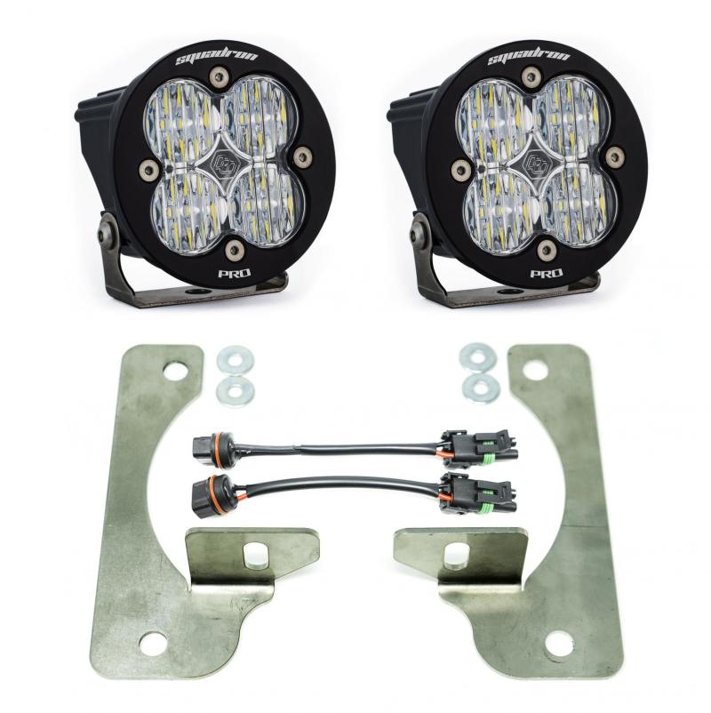 Baja Designs Wrangler JL Rubicon Squadron R Pro fog lights installed in the fog pocket of a 2018 Jeep Wrangler JL Rubicon.