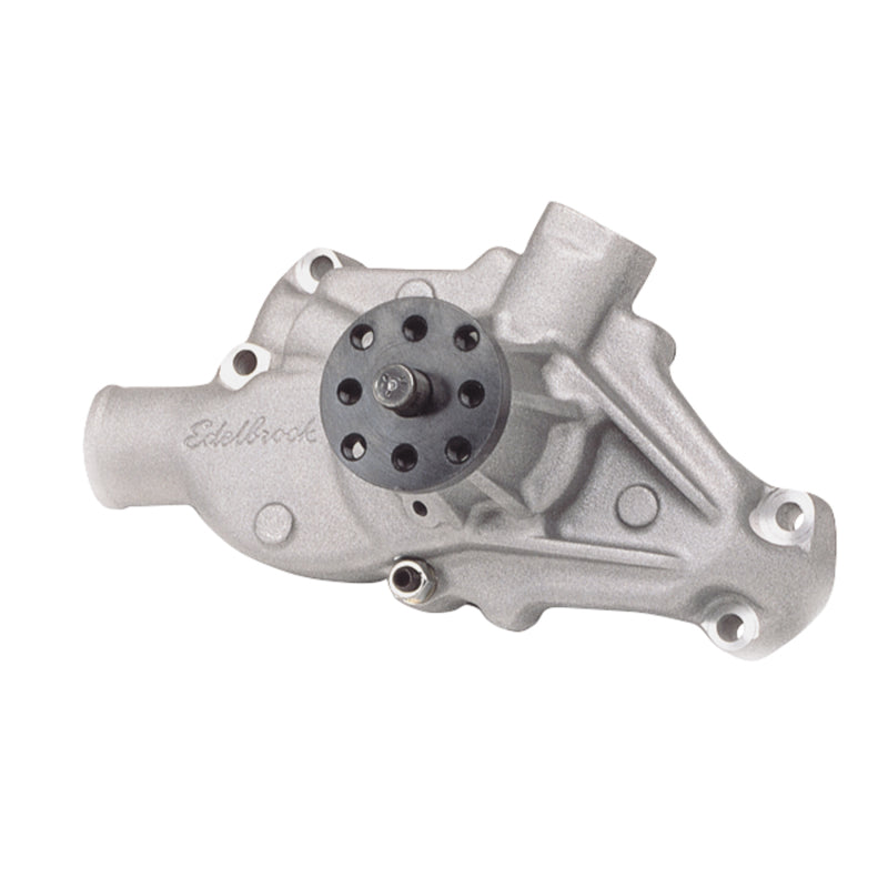 Edelbrock high performance Chevrolet 350 V8 short style water pump with satin finish, designed for engine cooling.
