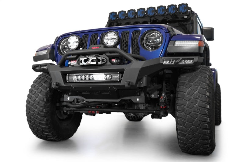Addictive Desert Designs steel rear bumper for Jeep Wrangler JL and Gladiator JT with integrated winch mount, black finish.