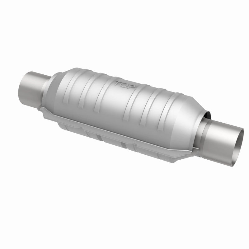 MagnaFlow universal catalytic converter with 2-inch inlet and outlet, 11-inch stainless steel body, automotive exhaust component.