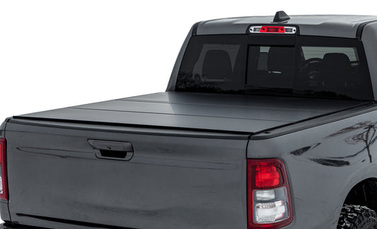 Access Tri-Fold Tonneau Cover for Ram 1500 with RamBox, hard fold design, urethane carbon fiber finish on 5ft 7in bed.