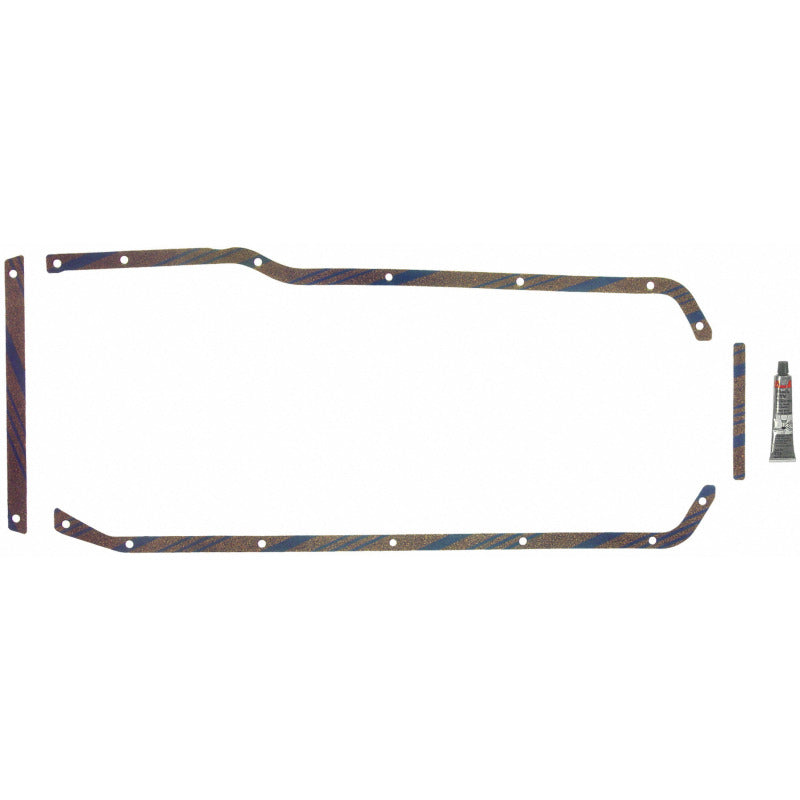 Fel-Pro Chevrolet C10 engine oil pan gasket set with blue stripe cork-rubber for C10 OS 30462 C engine, visible gasket components.
