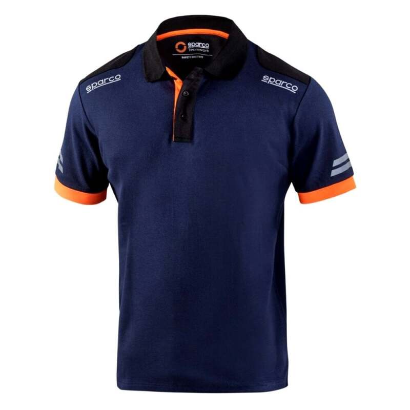 Sparco Polo Tech small navy and orange shirt featuring a collared design and logo, ideal for motorsport casual wear.