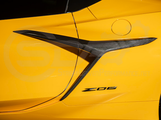 Carbon fiber side fender intake vent doors for 2023 Corvette C8 E-Ray and Z06 by Street Driven Performance, replaces factory air scoop trim.