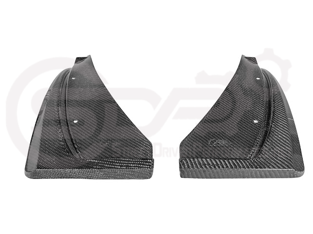 Pair of black carbon fiber mud flaps for 2022-up Cadillac CT5-V Blackwing, designed to protect the vehicle's front and rear splash areas.