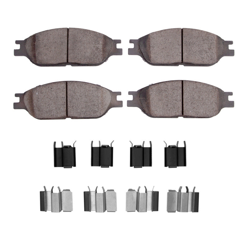 Front ceramic brake pads and hardware kit for Ford Windstar 1999-2003 by R1 Concepts, showing OE brake pads and hardware components.
