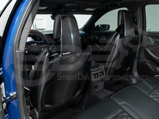 Pair of carbon fiber seat back panels for Cadillac CT5-V and CT5-V Blackwing, interior dash and trim replacement, driver and passenger sides.