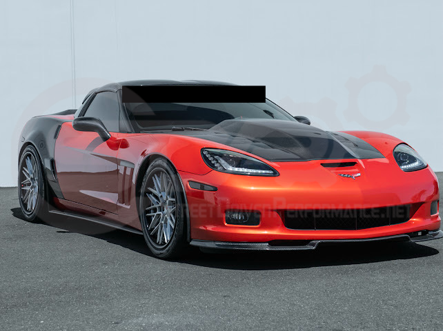 Set of four dry carbon fiber side mirror cap covers for 2005-2013 Chevy Corvette C6, tape-on installation by Street Driven Performance.
