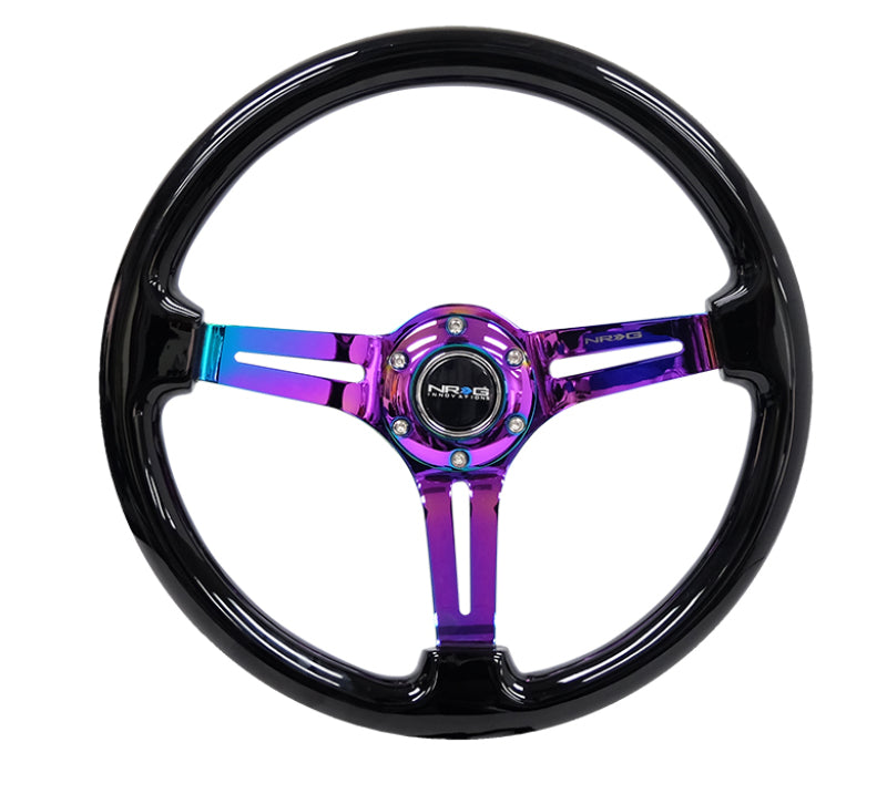 NRG reinforced steering wheel with black wood finish, matte black spokes, and neochrome center mark, 350mm diameter, 3-inch depth.