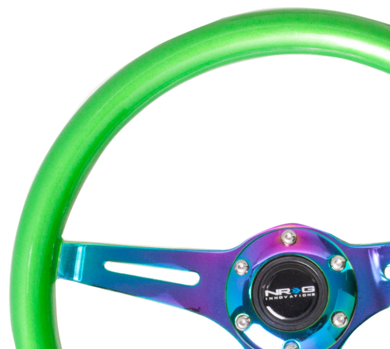 NRG Classic Wood Grain Steering Wheel 350mm with green pearl flake paint and neochrome 3-spoke center, car interior accessory