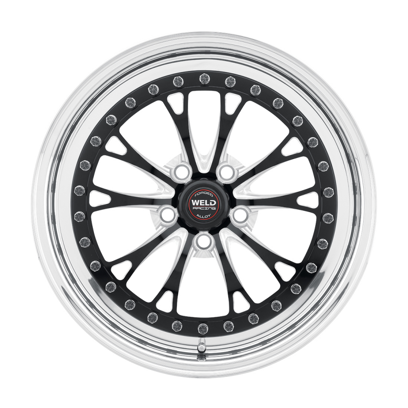 Weld Vitesse forged wheel with 17x8 size, black center, polished shell, 5x4.75 bolt pattern, 5.2 BS, 3.18 HB, non-BL finish