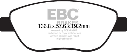 EBC Redstuff ceramic front brake pads for Fiat 500 2014-2017, performance brake pads with low dust, shown in the image.