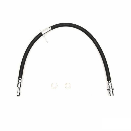DFC 00-07 Subaru Legacy front-left brake hose from brake line kit, flexible rubber brake line with metal fittings visible.