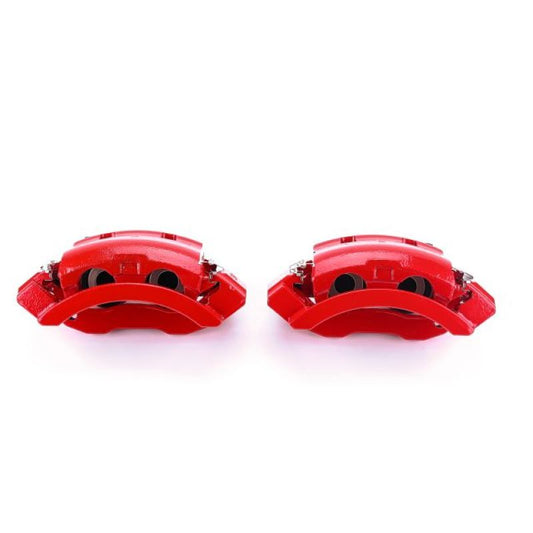 Pair of PowerStop red rear brake calipers with brackets for 2007 Ford E-150, performance brake calipers for enhanced stopping power.