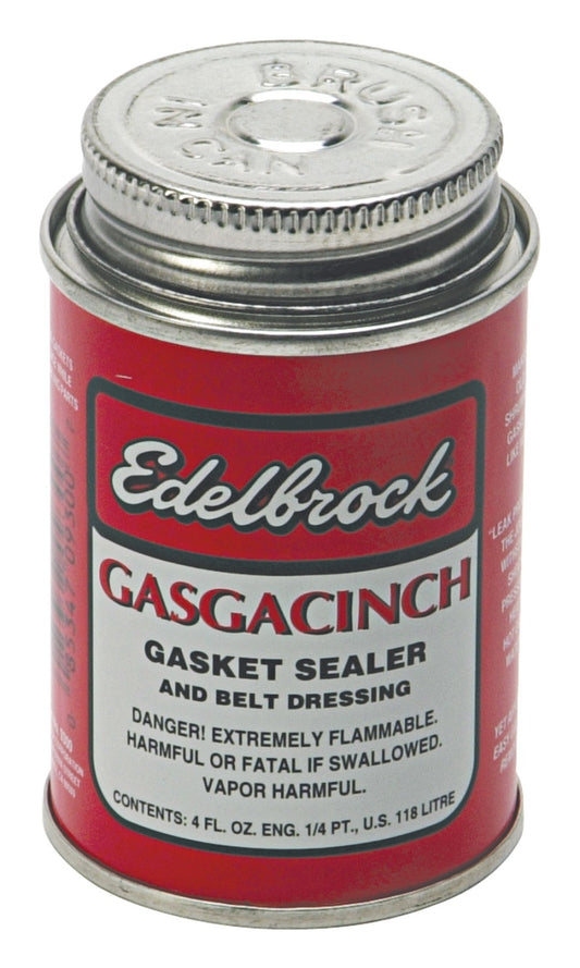 Edelbrock Gasgacinch 4-oz can of motor oil adhesive and gasket sealant for engine and automotive use.