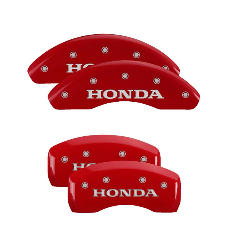 MGP red finish engraved front and rear caliper covers for 2004 Honda CR-V, silver color, high-performance brake accessory