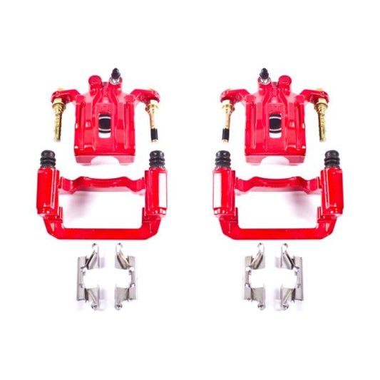 Pair of PowerStop rear red brake calipers with brackets for Nissan Pathfinder 2005-2012, performance brake calipers for improved stopping power.
